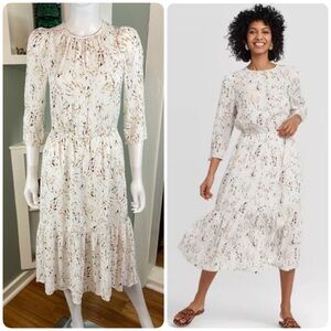 A New Day White Rayon Geometric Splatter Midi Dress XSmall XS Secretary Tiered